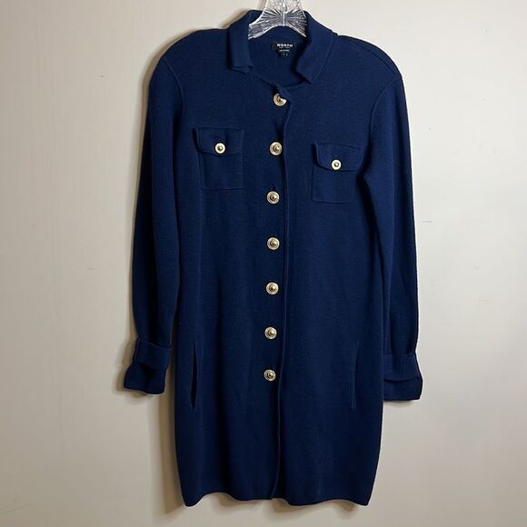 WORTH Navy Blue Wool Sweater Dress with Gold Buttons - Size Small - Picture 4 of 12